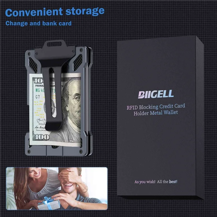 BIIGELL KB001 RFID Blocking Metal Card Holder Credit Card Storage Case with Money Clip - Dark Grey