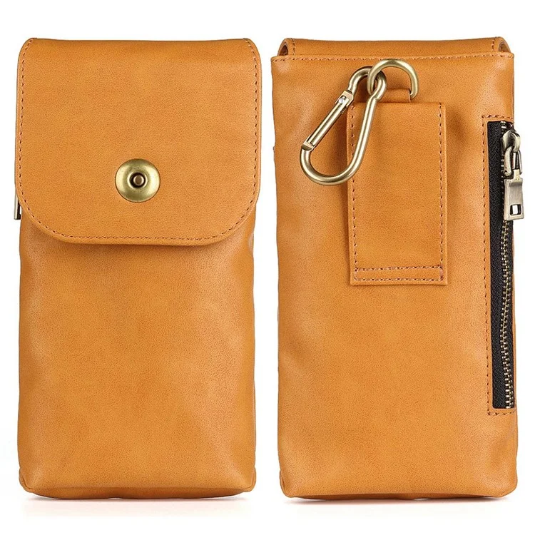 Vintage Cowhide Leather Waist Bag Cellphone Loop Holster Men Belt Bag Two Phones Zipper Pouch - Brown