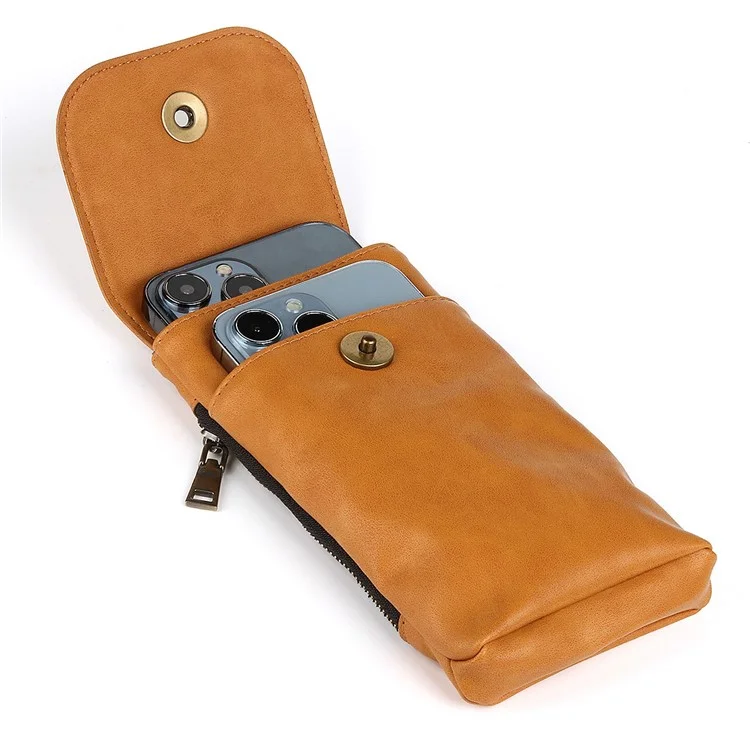 Vintage Cowhide Leather Waist Bag Cellphone Loop Holster Men Belt Bag Two Phones Zipper Pouch - Brown