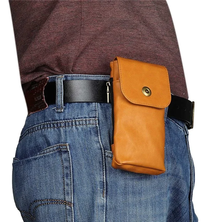 Vintage Cowhide Leather Waist Bag Cellphone Loop Holster Men Belt Bag Two Phones Zipper Pouch - Brown