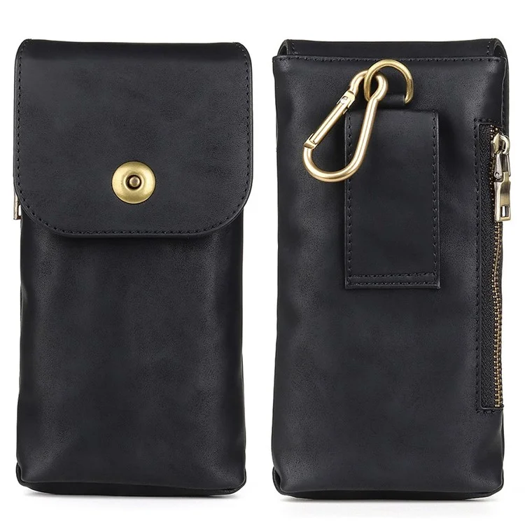 Vintage Cowhide Leather Waist Bag Cellphone Loop Holster Men Belt Bag Two Phones Zipper Pouch - Black