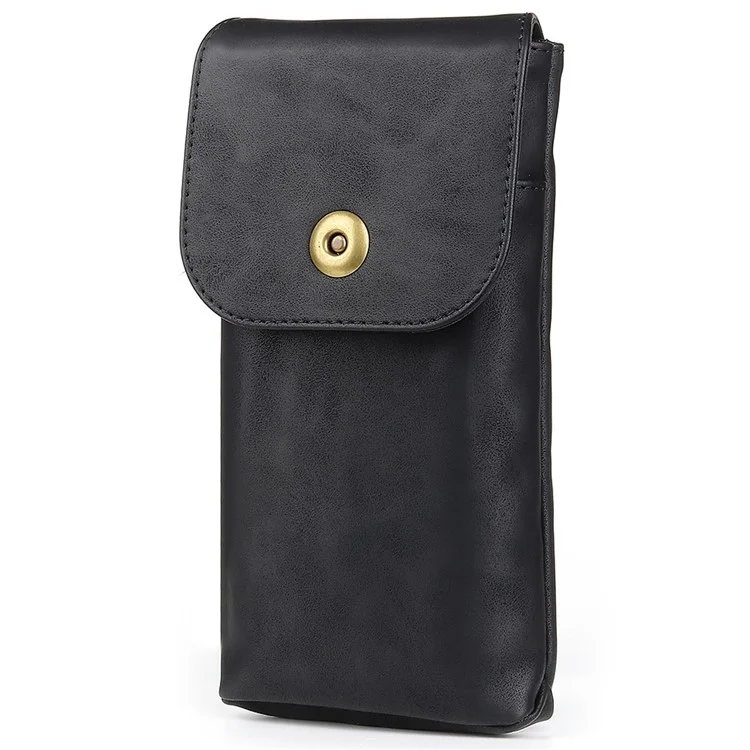 Vintage Cowhide Leather Waist Bag Cellphone Loop Holster Men Belt Bag Two Phones Zipper Pouch - Black