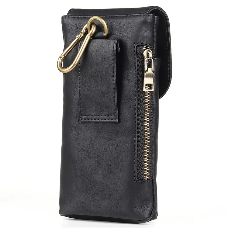 Vintage Cowhide Leather Waist Bag Cellphone Loop Holster Men Belt Bag Two Phones Zipper Pouch - Black