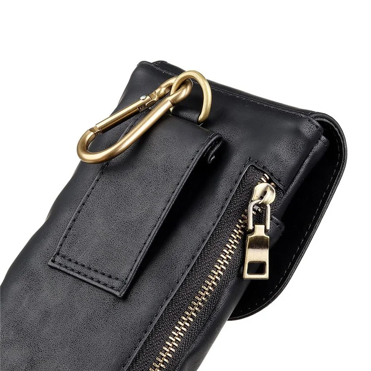 Vintage Cowhide Leather Waist Bag Cellphone Loop Holster Men Belt Bag Two Phones Zipper Pouch - Black