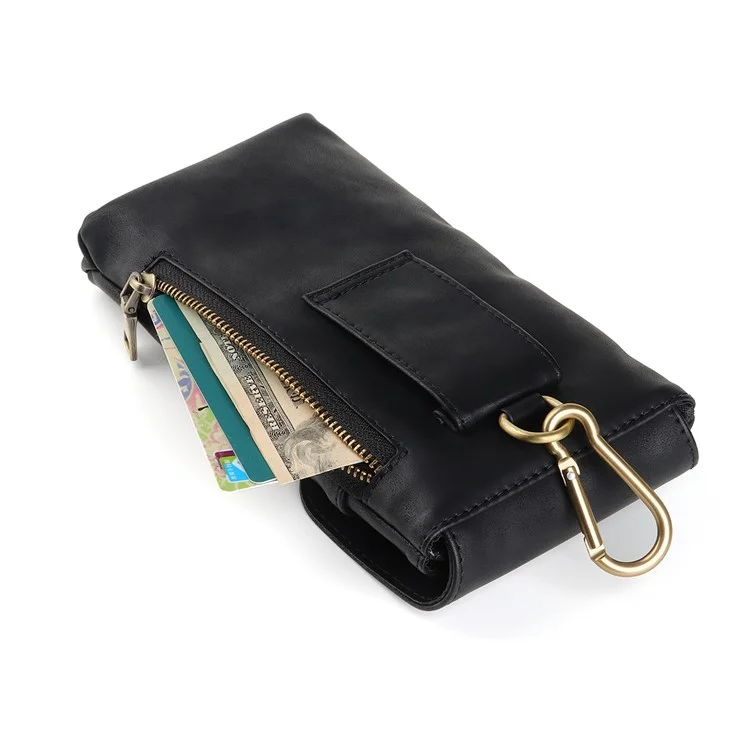 Vintage Cowhide Leather Waist Bag Cellphone Loop Holster Men Belt Bag Two Phones Zipper Pouch - Black