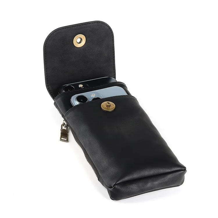 Vintage Cowhide Leather Waist Bag Cellphone Loop Holster Men Belt Bag Two Phones Zipper Pouch - Black