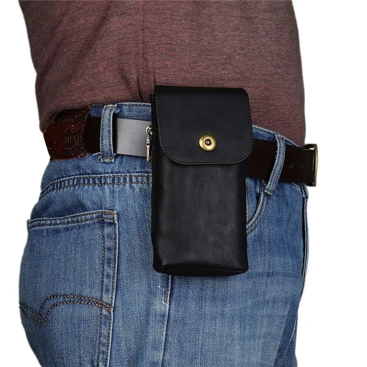Vintage Cowhide Leather Waist Bag Cellphone Loop Holster Men Belt Bag Two Phones Zipper Pouch - Black