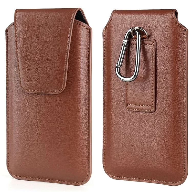 PU Leather Vertical Holster for 6.3-6.7inch Mobile Phone Business Men Waist Bag with Belt Loop and Carabiner - Brown
