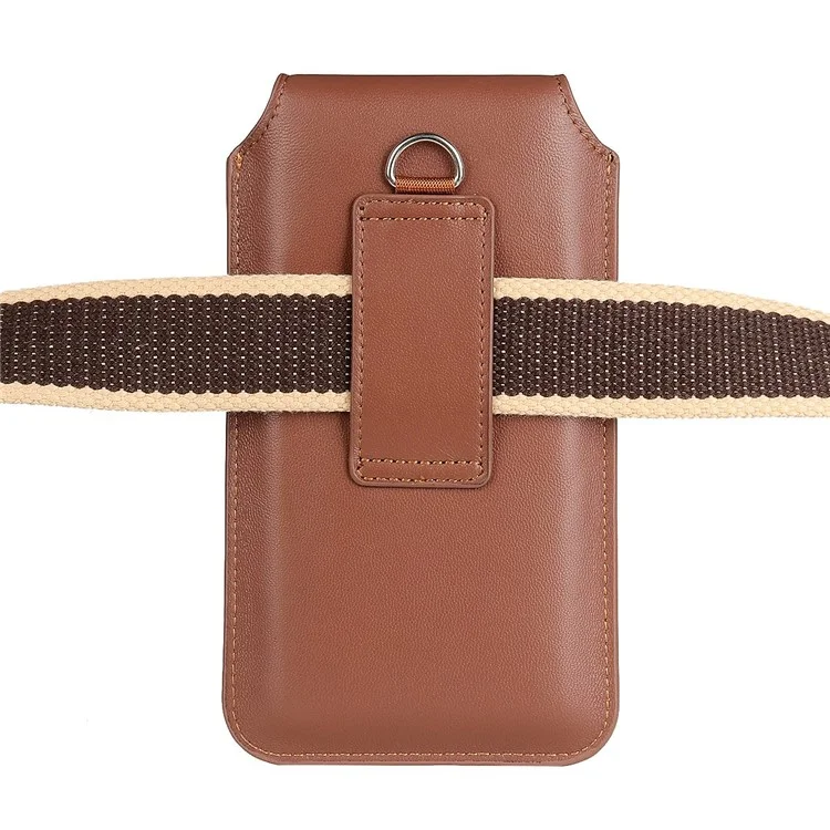 PU Leather Vertical Holster for 6.3-6.7inch Mobile Phone Business Men Waist Bag with Belt Loop and Carabiner - Brown