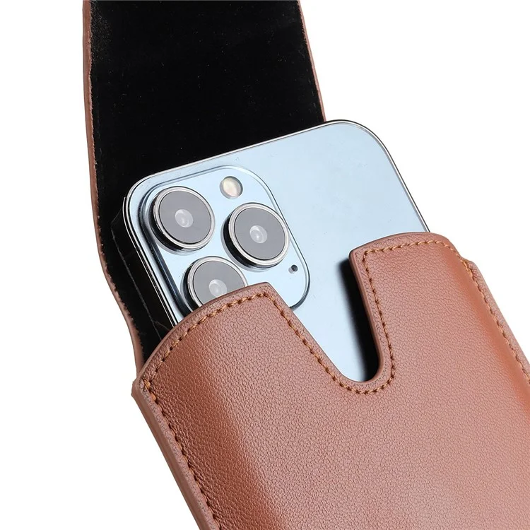 PU Leather Vertical Holster for 6.3-6.7inch Mobile Phone Business Men Waist Bag with Belt Loop and Carabiner - Brown