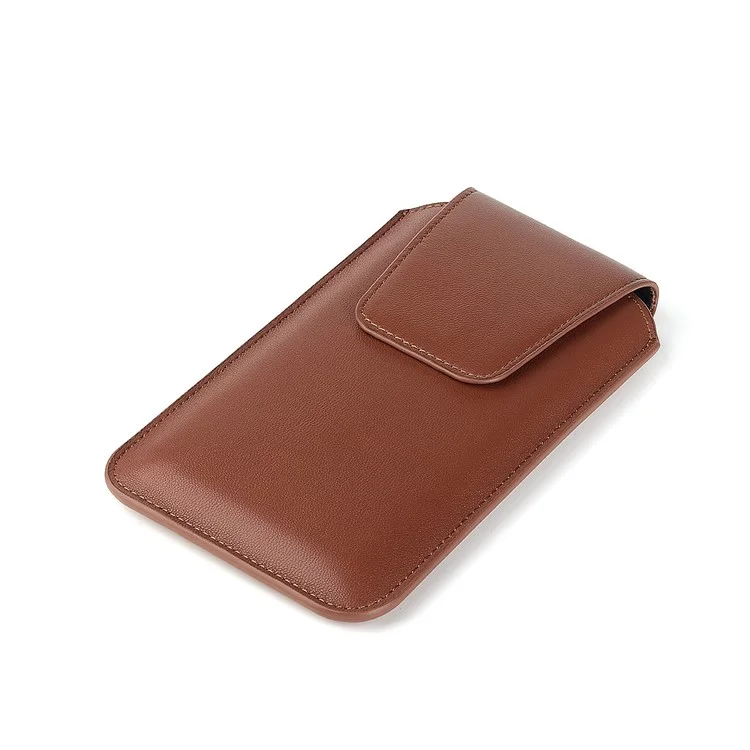 PU Leather Vertical Holster for 6.3-6.7inch Mobile Phone Business Men Waist Bag with Belt Loop and Carabiner - Brown