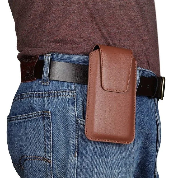PU Leather Vertical Holster for 6.3-6.7inch Mobile Phone Business Men Waist Bag with Belt Loop and Carabiner - Brown