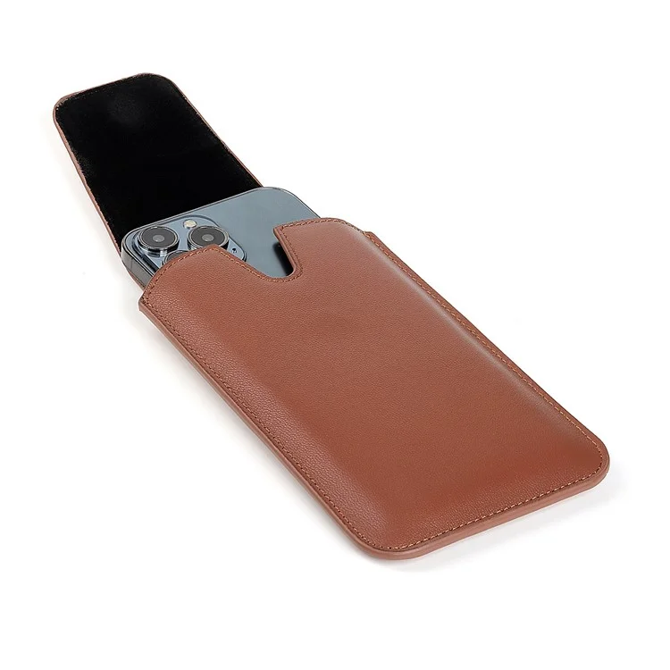 PU Leather Vertical Holster for 6.3-6.7inch Mobile Phone Business Men Waist Bag with Belt Loop and Carabiner - Brown