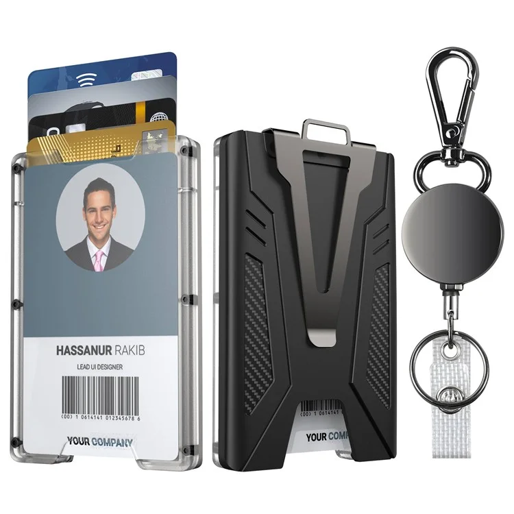 KB004 Metal + PC Business Card Holder ID Credit Card Storage Case with Money Clip and Retractable Key Chain - Black