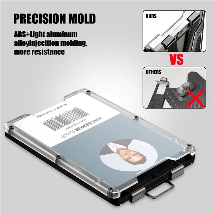 KB004 Metal + PC Business Card Holder ID Credit Card Storage Case with Money Clip and Retractable Key Chain - Black