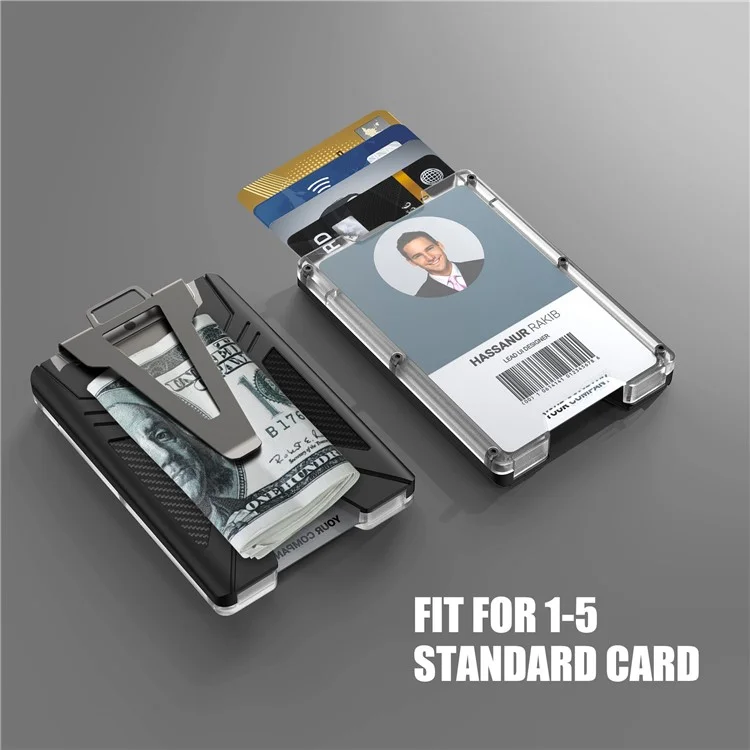 KB004 Metal + PC Business Card Holder ID Credit Card Storage Case with Money Clip and Retractable Key Chain - Black