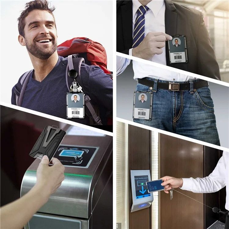 KB004 Metal + PC Business Card Holder ID Credit Card Storage Case with Money Clip and Retractable Key Chain - Black