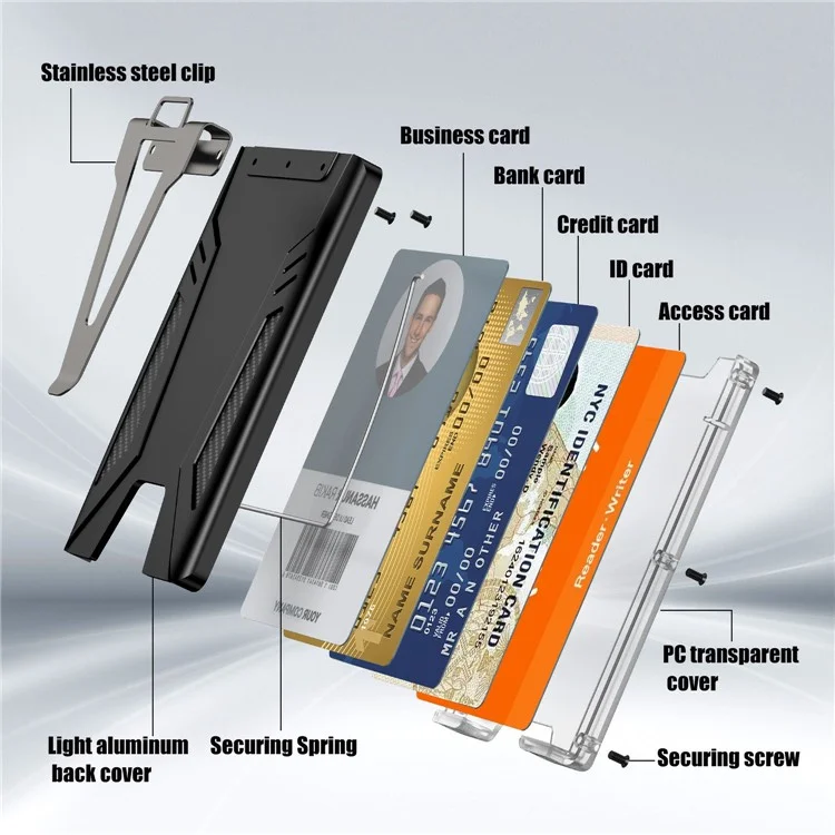 KB004 Metal + PC Business Card Holder ID Credit Card Storage Case with Money Clip and Retractable Key Chain - Black