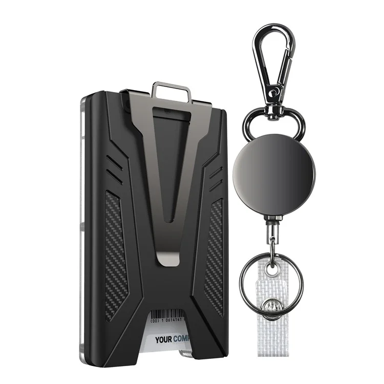 KB004 Metal + PC Business Card Holder ID Credit Card Storage Case with Money Clip and Retractable Key Chain - Black