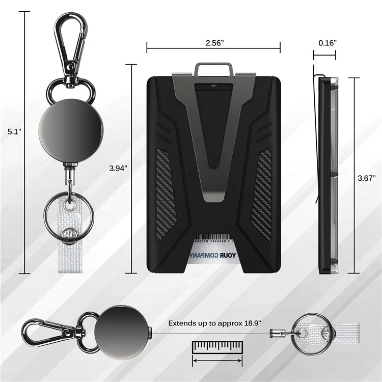 KB004 Metal + PC Business Card Holder ID Credit Card Storage Case with Money Clip and Retractable Key Chain - Black