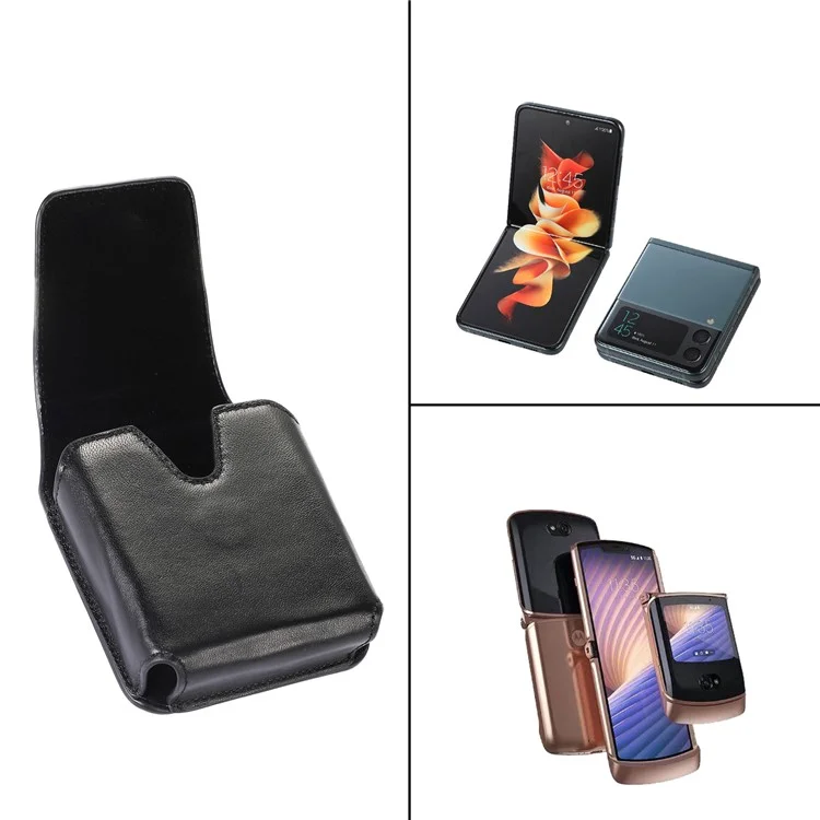 For Samsung Galaxy Z Flip3 5G / Flip4 5G / Huawei P50 Pocket / Motorola Razr 2022 5G 4.5-inch Genuine Leather Waist Bag Vertical Cell Phone Belt Loop Holster Case Mini Travel Pouch