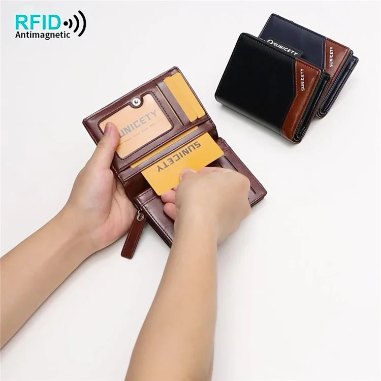 SUNICETY PU Leather Men Folding Short Wallet RFID Blocking Cards Cash Holder Bag with Zipper Pocket - Coffee