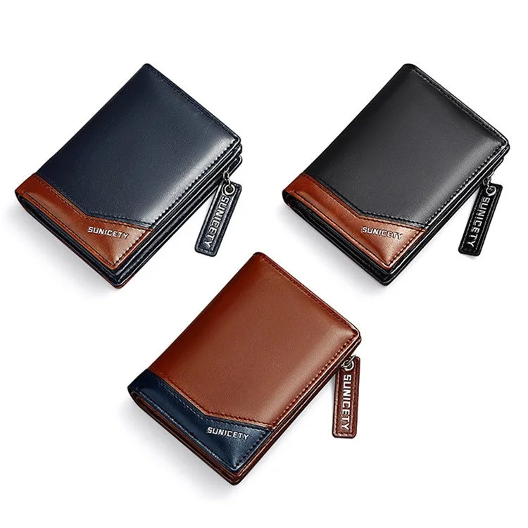 Sunicety PU Leather Men Dobring Wallet Short RFID Blocking Cartter Cash Setter Com Bolso Com Zíper - Café