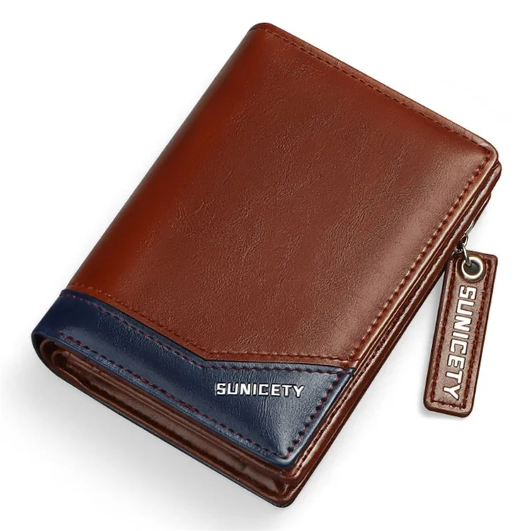 Sunicety PU Leather Men Dobring Wallet Short RFID Blocking Cartter Cash Setter Com Bolso Com Zíper - Azul