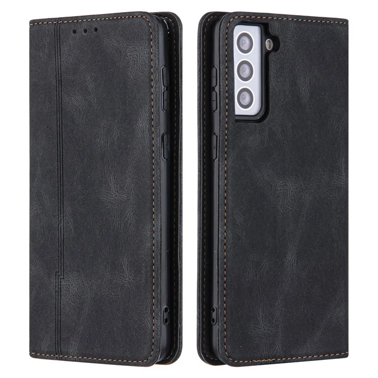 Lines Imprinted Leather Phone Case per Samsung Galaxy S23 Skin-touch Stand Wallet Phone Cover - Nero