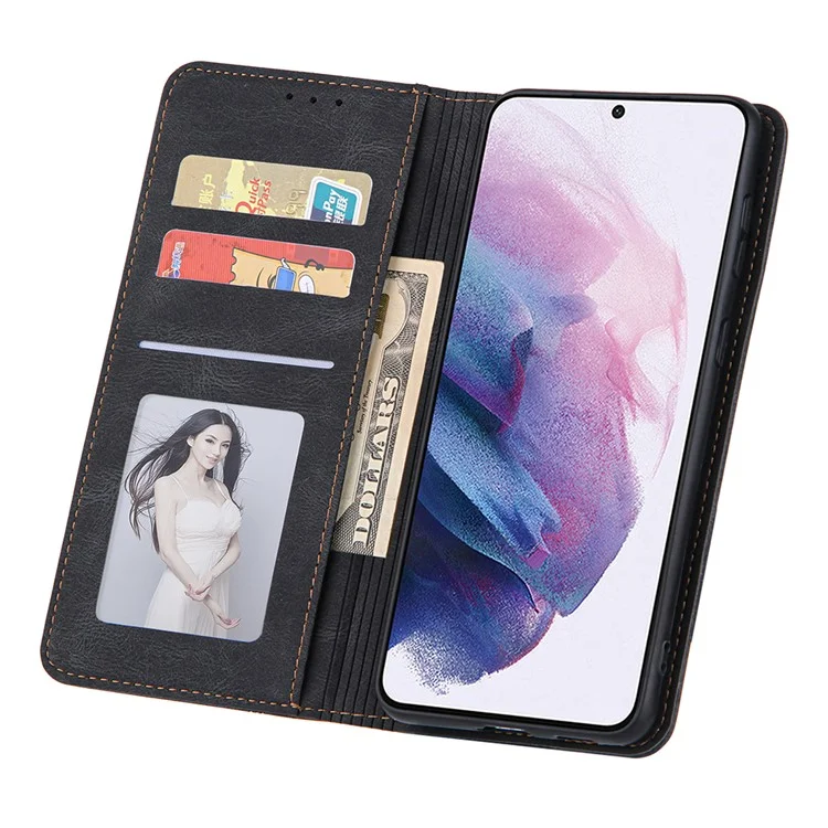 Lines Imprinted Leather Phone Case per Samsung Galaxy S23 Skin-touch Stand Wallet Phone Cover - Nero