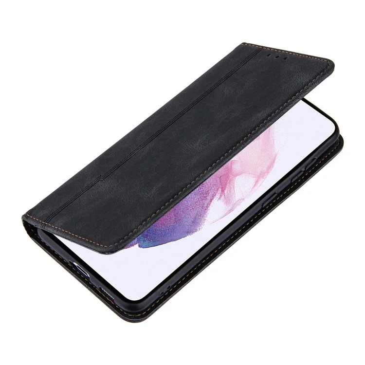 Lines Imprinted Leather Phone Case per Samsung Galaxy S23 Skin-touch Stand Wallet Phone Cover - Nero