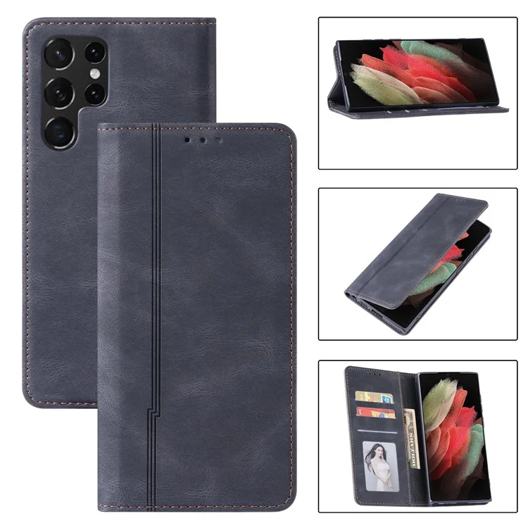 Shockproof Phone Case for Samsung Galaxy S23 Ultra Skin-friendly Leather Stand Wallet Cell Phone Cover - Black