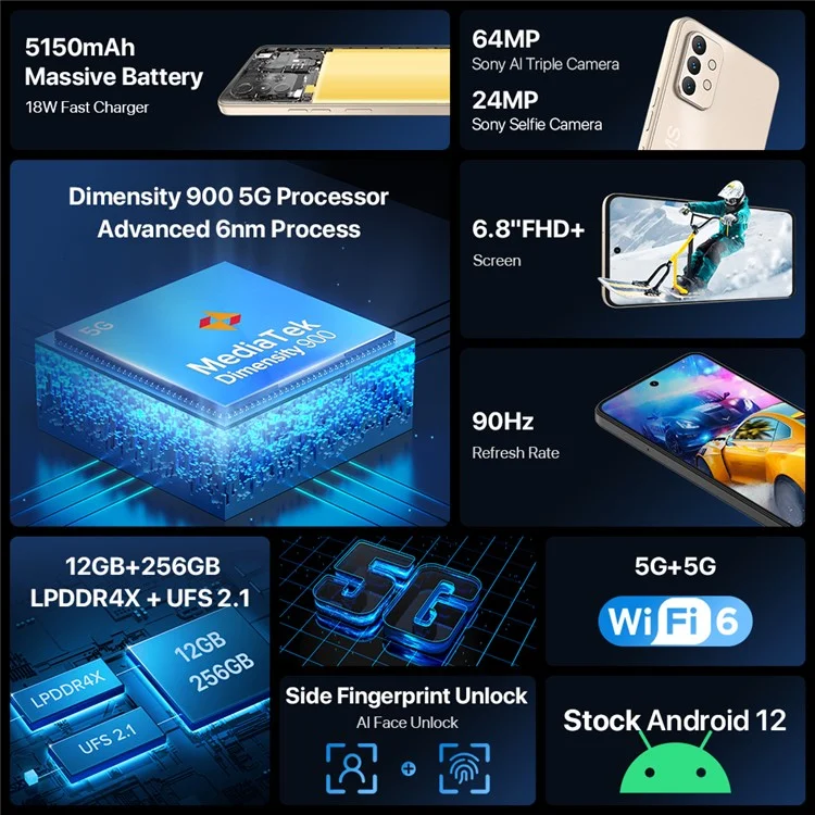 Umidigi A13 Pro Max 6,8-дюймовая Димуляция 900 12 Гб+256 гб 5150mah 64MP 5G Смартфон - Золото