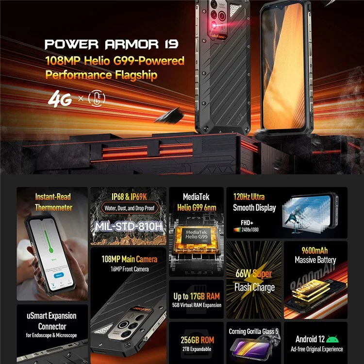 Ulefone Power Armor 19 Teléfono 6.58 '' Helio G99 12GB+256GB Android 12 Celular de 108MP Cámara