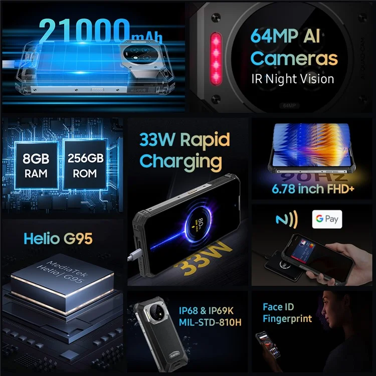 OUKITEL WP19 Smartphone IP68 Waterproof 6.78'' Helio G95 8GB+256GB Shockproof Dustproof Mobile Phone 64MP Camera 21000mAh Battery