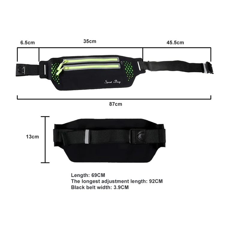 Bolsa Esportiva de Cintura Ultrafina com Zíper Duplo para Corrida ao Ar Livre - Preto