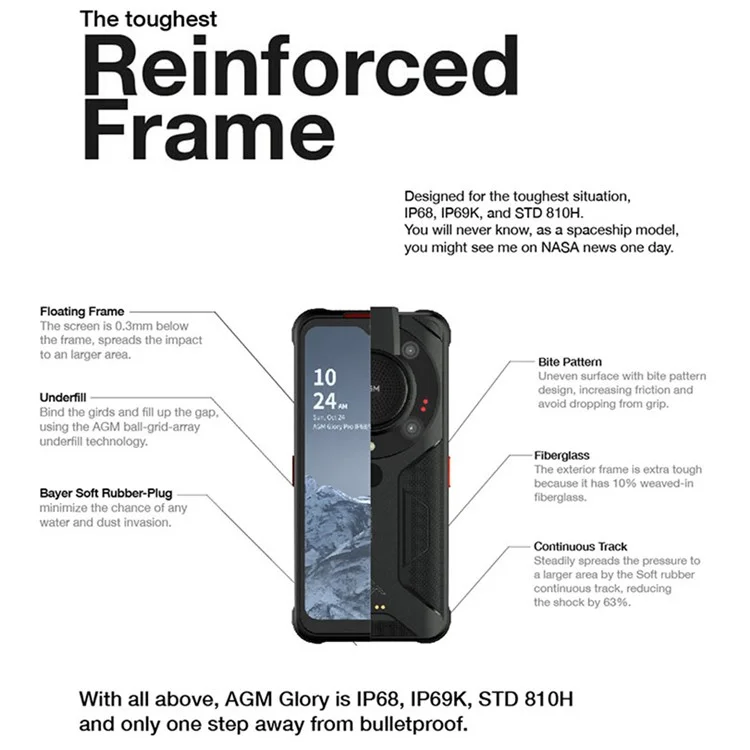 AGM Glory G1 Pro 5G Téléphone Portable Durci 6.53" Qualcomm Snapdragon 480 Smartphone 8GB+256GB IP68 Étanche Anti-Chute Anti-Poussière - Version RU