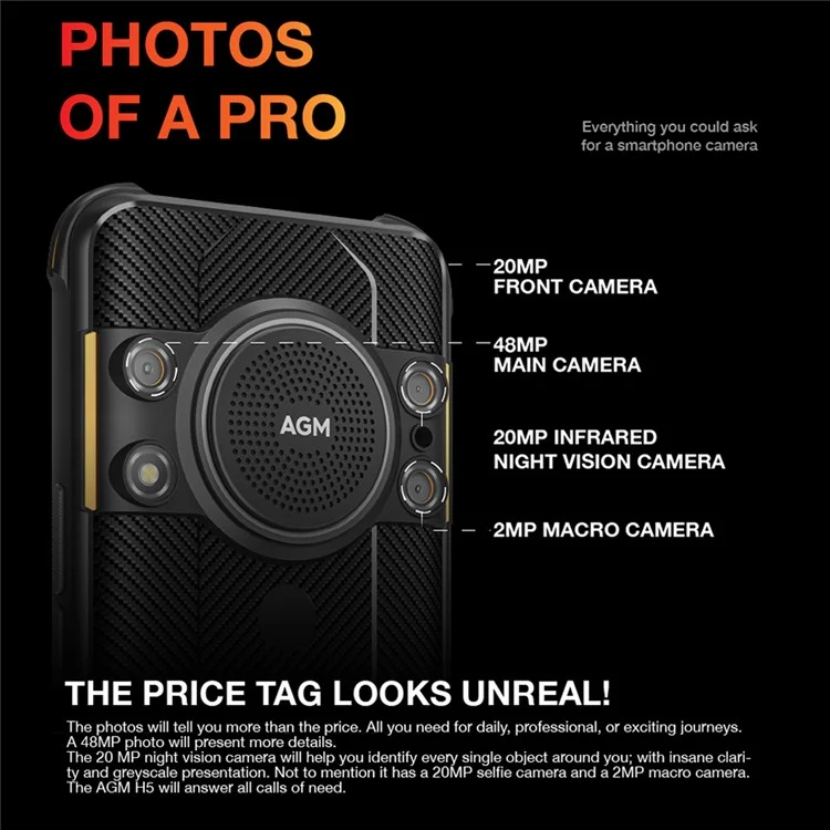 AGM H5 Rugged Phone IP68 Waterproof Android 12 6.517'' Smartphone Unlocked 6GB+128GB Fall-proof Dust-proof - EU Version