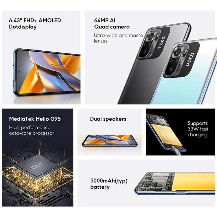 XIAOMI Poco M5s Global EU Version 6.43" AMOLED 8GB+256GB Smartphone Helio G95 5000mAh 64MP 4G Android Cell Phone - Grey
