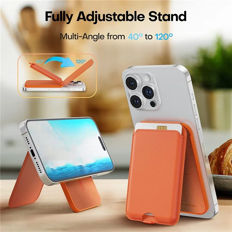 Pour la série iPhone 12 / 13 / 14 / 15 Porte-cartes magnétique compatible avec MagSafe Étui en PU avec support pour téléphone - Orange