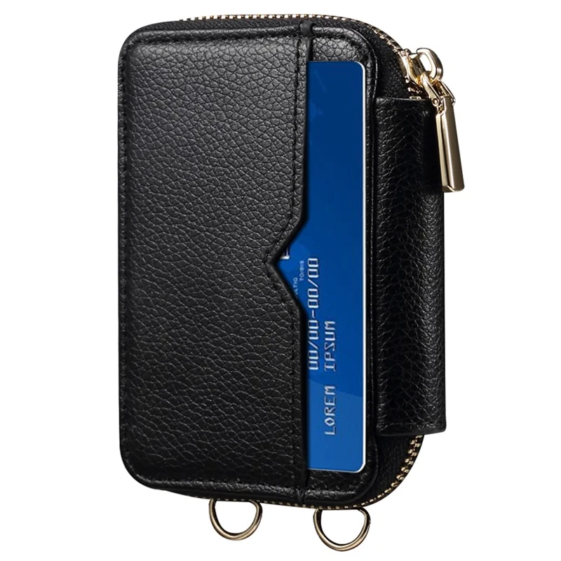 Litchi Texture PU Leather Zipper Cash Card Holder Purse Storage Bag with Mirror - Black