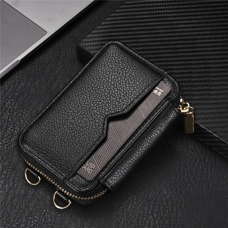 Litchi Texture PU Leather Zipper Cash Card Holder Purse Storage Bag with Mirror - Black