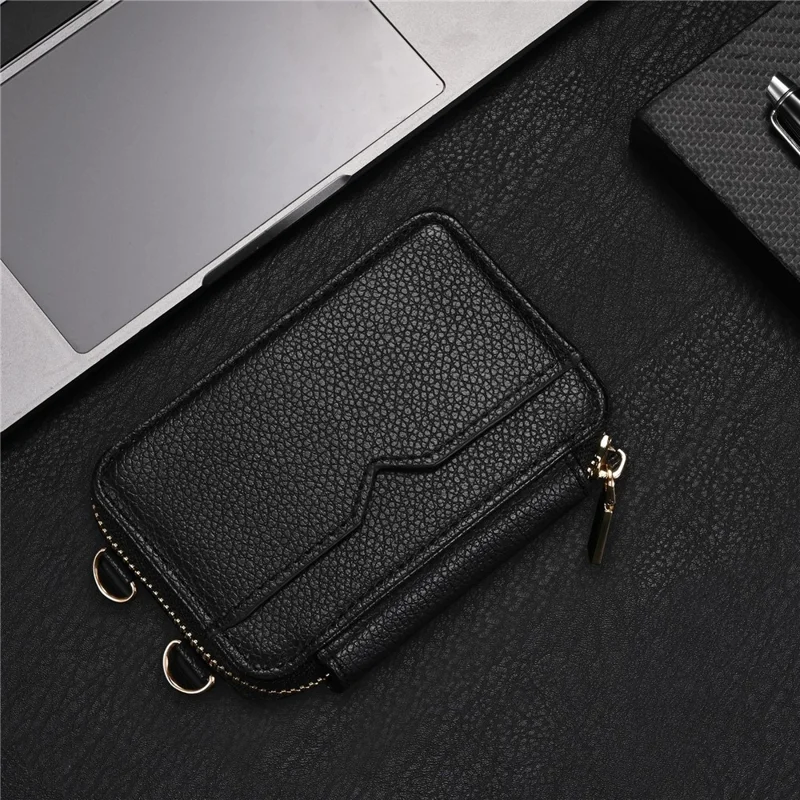 Litchi Texture PU Leather Zipper Cash Card Holder Purse Storage Bag with Mirror - Black