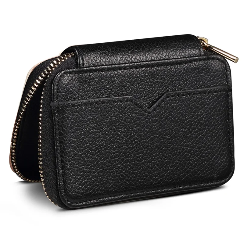 Litchi Texture PU Leather Zipper Cash Card Holder Purse Storage Bag with Mirror - Black