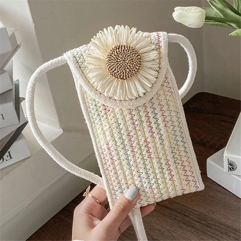 Women Small Straw Bag Holiday Beach Mobile Phone Storage Shoulder Bag - Sunflower 2 / Multi-color
