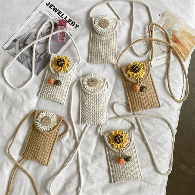 Women Small Straw Bag Holiday Beach Mobile Phone Storage Shoulder Bag - Sunflower 2 / Multi-color