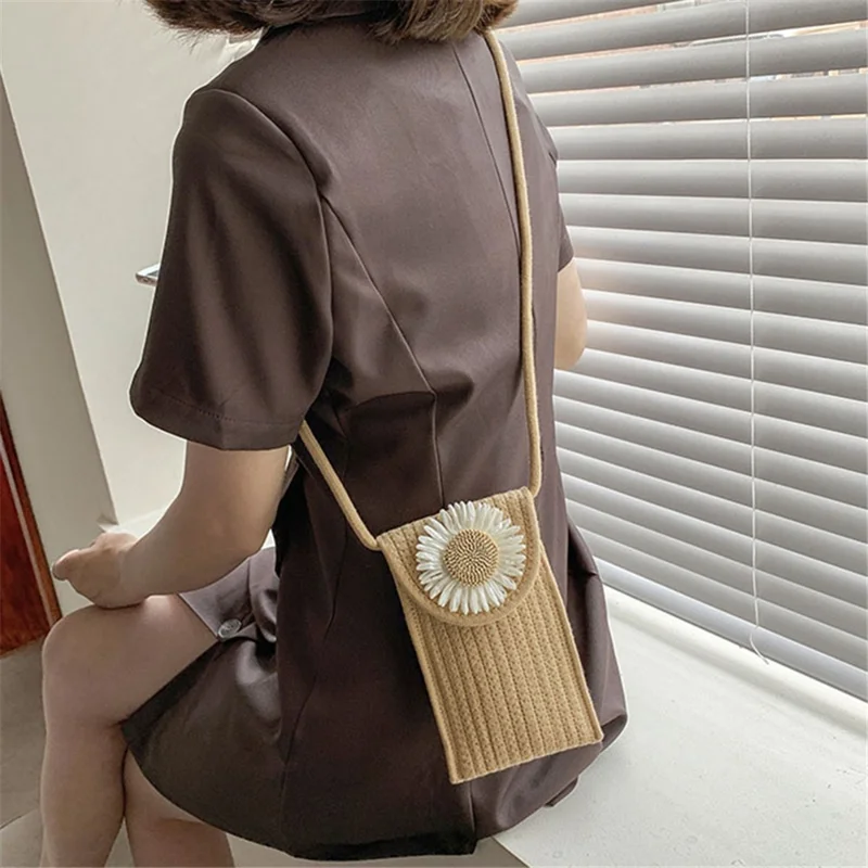 Women Small Straw Bag Holiday Beach Mobile Phone Storage Shoulder Bag - Sunflower 2 / Multi-color