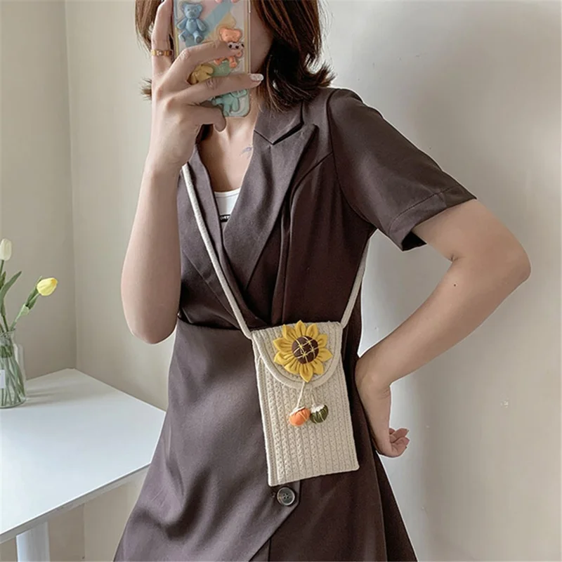 Women Small Straw Bag Holiday Beach Mobile Phone Storage Shoulder Bag - Sunflower 2 / Multi-color