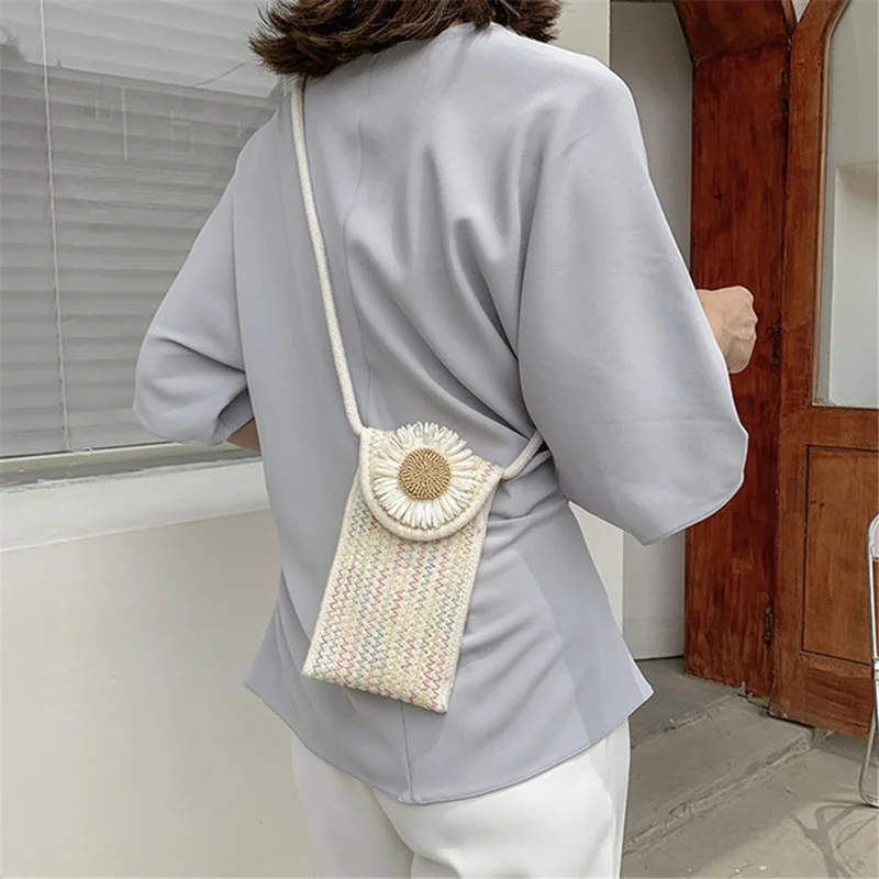 Women Small Straw Bag Holiday Beach Mobile Phone Storage Shoulder Bag - Sunflower 2 / Multi-color