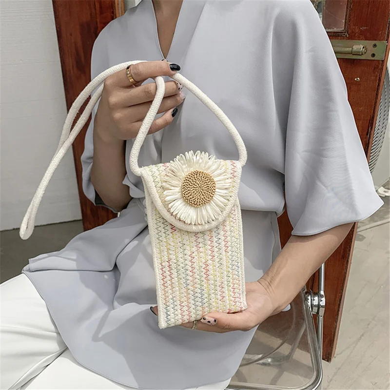 Women Small Straw Bag Holiday Beach Mobile Phone Storage Shoulder Bag - Sunflower 2 / Multi-color